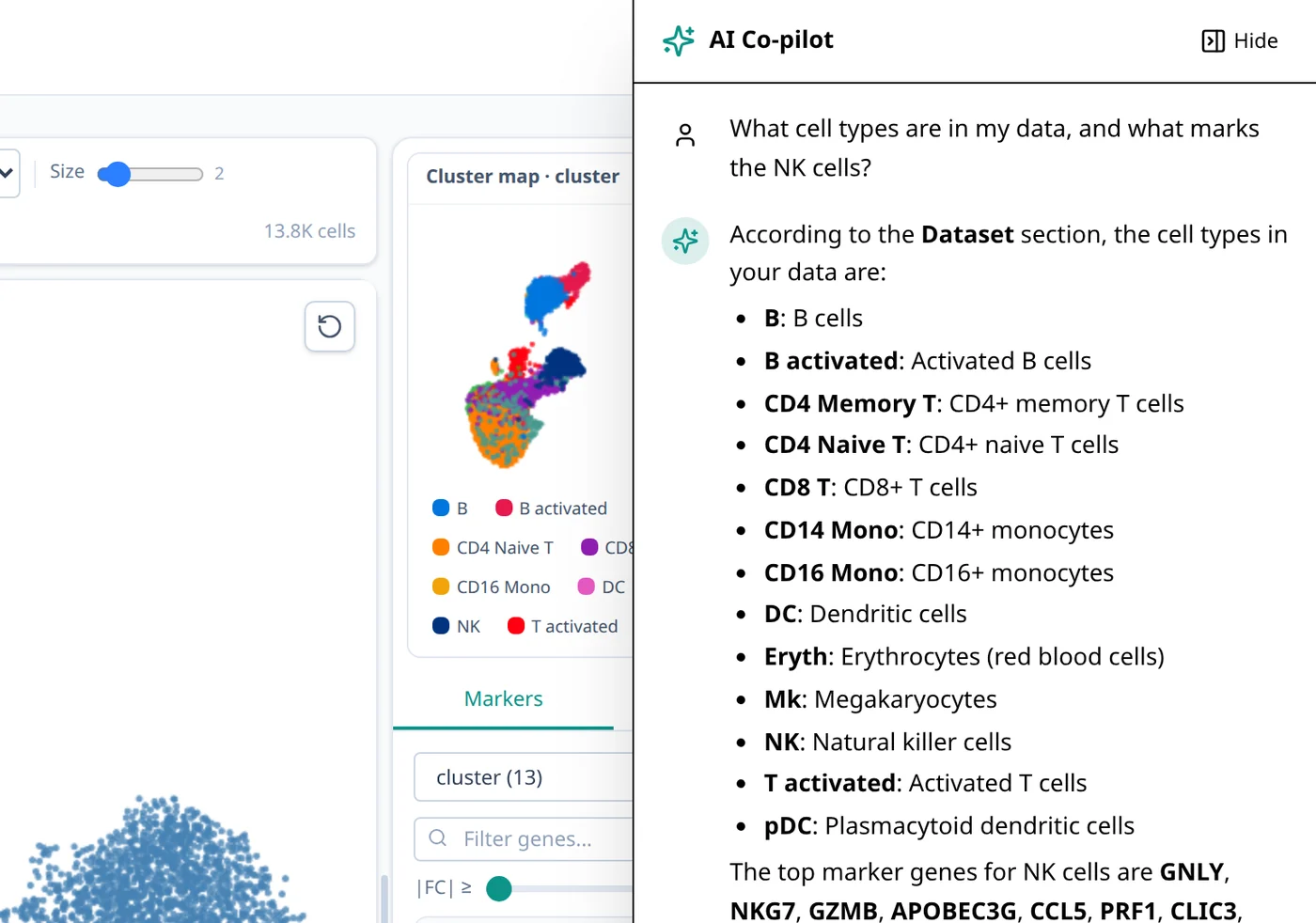 The co-pilot answering which cell types are in the data and what marks the NK cells