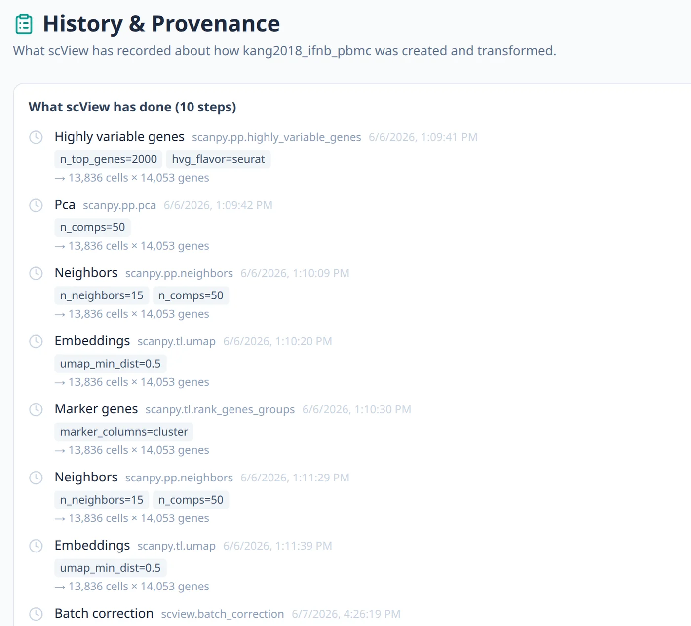 History page listing each processing step with its parameters